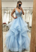 A-line Plunge Sleeveless Ruffes Sky Blue Lace Tulle Prom Eveing Dress