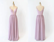 A-line Plunge Strap U Back Long Lavender Chiffon Bridesmaid