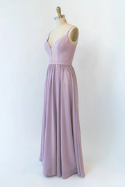 A-line Plunge Strap U Back Long Lavender Chiffon Bridesmaid