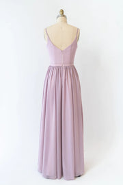 A-line Plunge Strap U Back Long Lavender Chiffon Bridesmaid