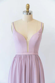 A-line Plunge Strap U Back Long Lavender Chiffon Bridesmaid