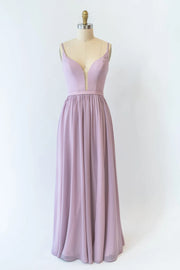 A-line Plunge Strap U Back Long Lavender Chiffon Bridesmaid