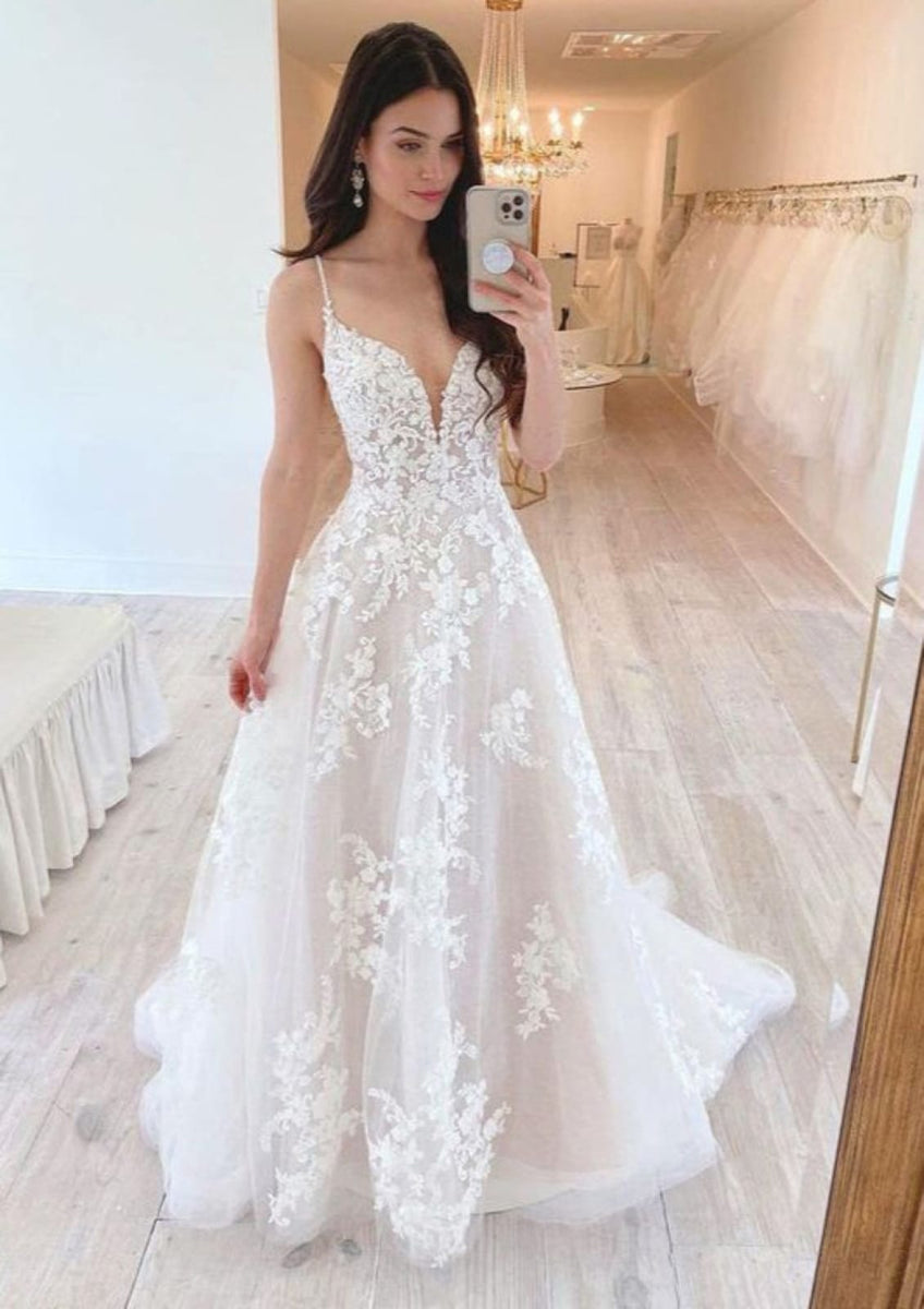 A-line Plunging Spaghetti Strap Court Train Lace Tulle Wedding Dress ...