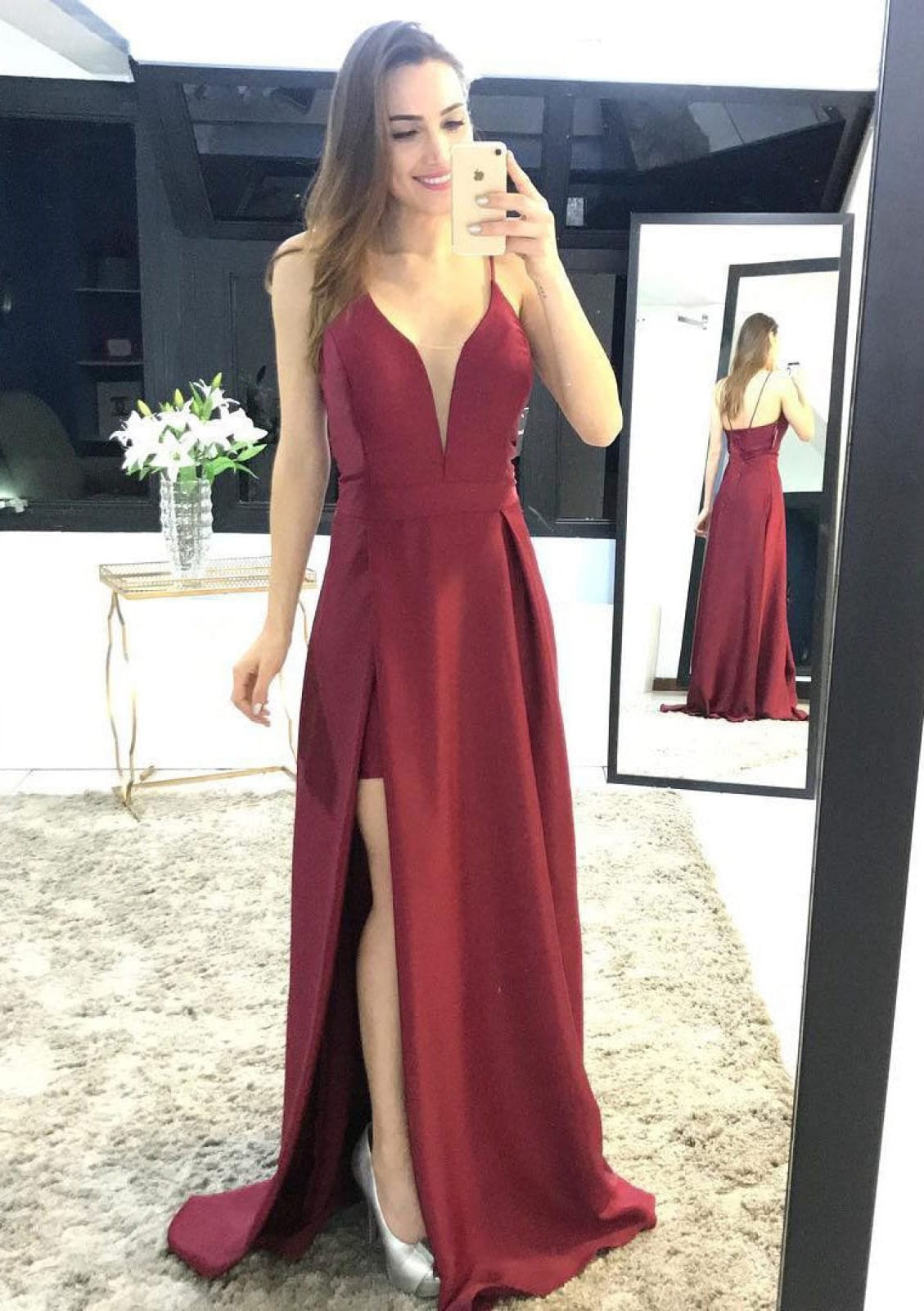 green emerald velvet dress V Neck Backless Burgundy Satin Long Prom Dresses with High Slit, Backl —  Bridelily main image 1