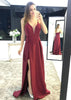 A-line Plunging Straps Sleeveless Sweep Burgundy Satin Prom Dress, Split