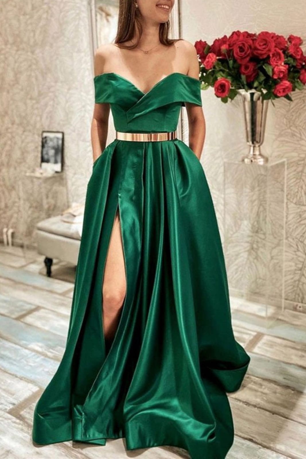 A-Line Prom Dress Green Satin Off Shoulder Surplice Pleats Slit, Gold Belt A-Line Prom Dress Green Satin Off Shoulder Surplice Pleats Slit, Gold Belt