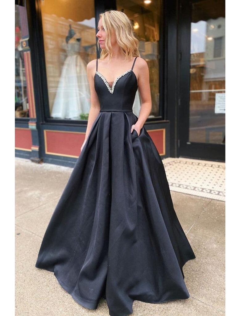A-Line Prom Dress Lace-up Sleeveless V Neck Black Satin Pleats Beaded, -  Princessly