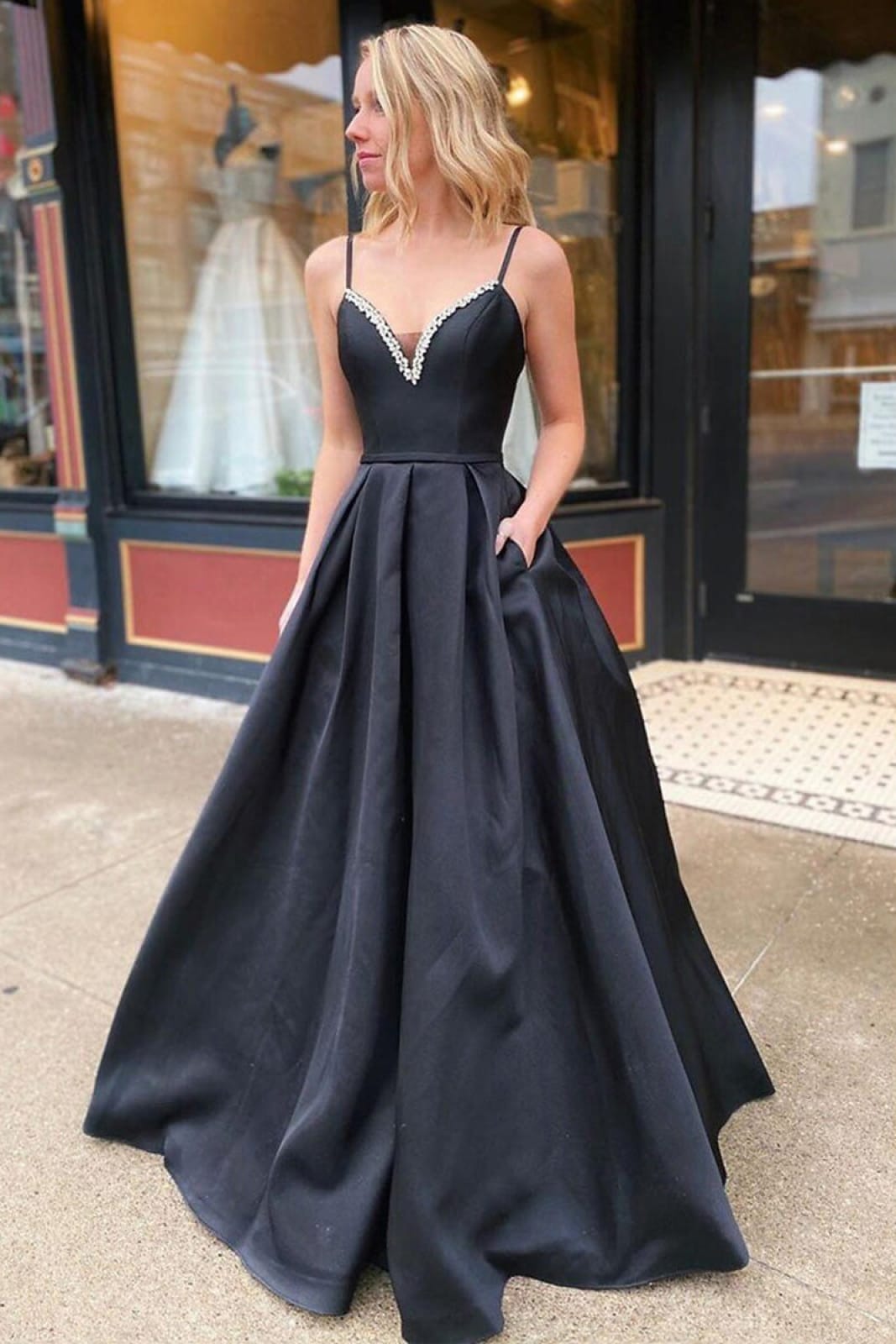 A-Line Prom Dress Lace-up Sleeveless V Neck Black Satin Pleats Beaded, Pocket A-Line Prom Dress Lace-up Sleeveless V Neck Black Satin Pleats Beaded, Pocket