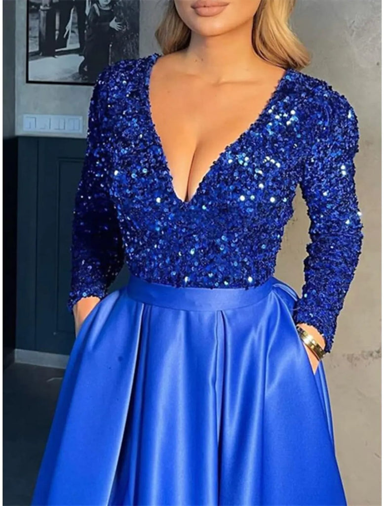 Hot Sexy V Neck Sequins Evening Prom Party Dresses High Slit Celebrity Gown  New