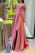 A-Line Prom Dress Pleated Off Shoulder Sweetheart Peach Satin Split Sweep