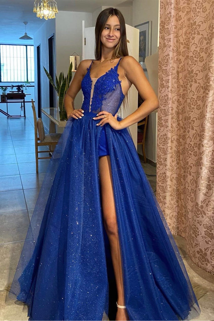 A-line Beaded Spaghetti Straps Prom Dress With Split PL415 | Promnova