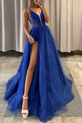 A-Line Prom Abito paillettes Royal Blue Tulle Plunging senza maniche Slit Sweep