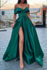 A-Line Prom Dress Off shoulder Split Surplice Floor Length Green Satin