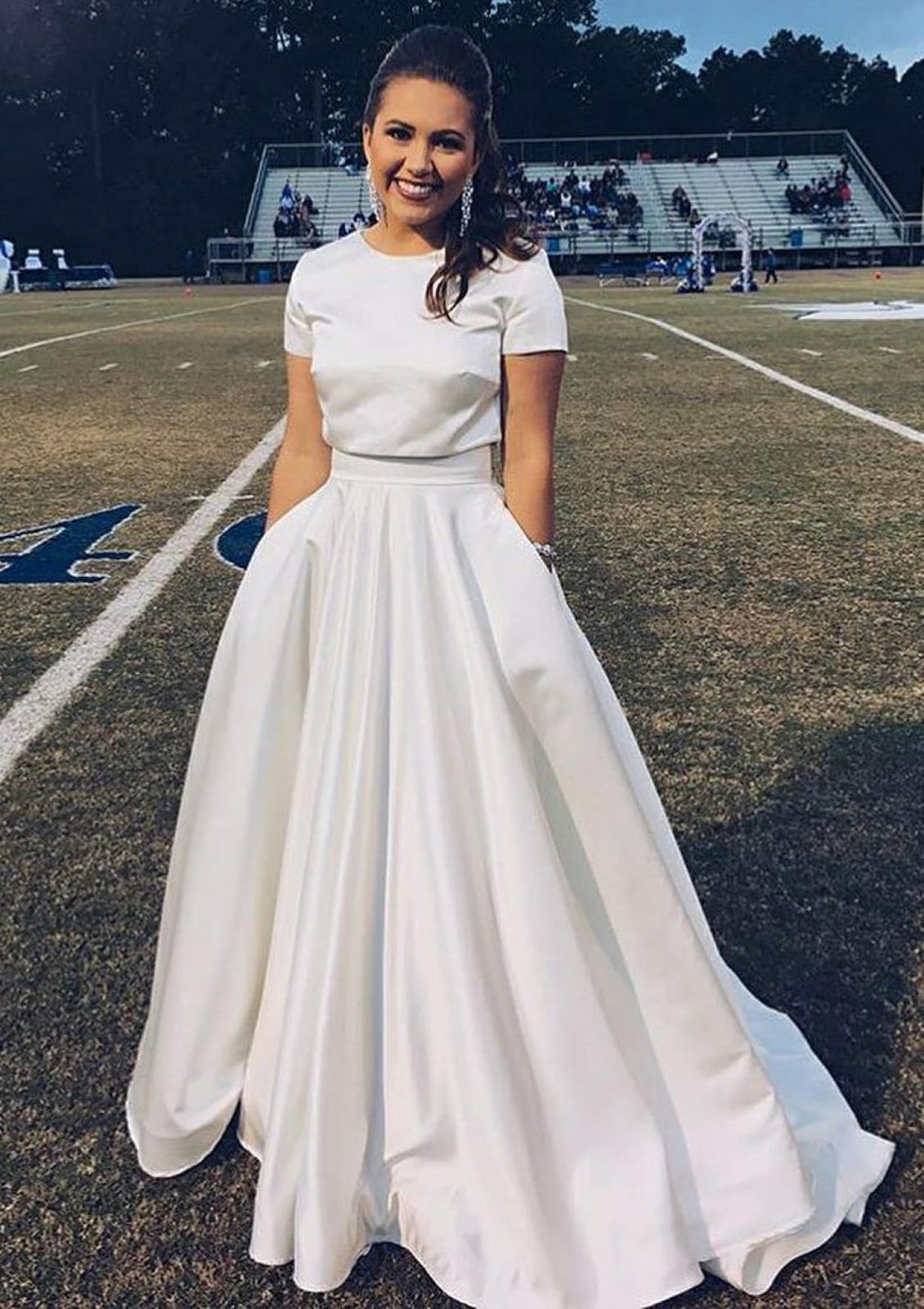 A-line Round Neck Short Sleeve Court 2 Piece Set Dress Ivory Satin Prom Gown A-line Round Neck Short Sleeve Court 2 Piece Set Dress Ivory Satin Prom Gown