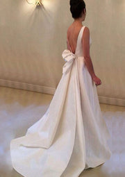 A-line Satin Court Train Sleeveless Bateau V Back Bridal 