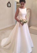A-line Satin Court Sleeveless Bateau V Back Wedding Dress, Bowknot