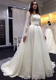 A-Line Scalloped Bateau Lace Tulle Long Sleeve Wedding Dress