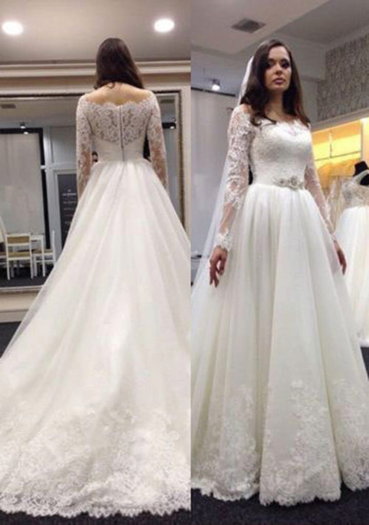 A-Line Scalloped Bateau Lace Tulle Long Sleeve Wedding Dress