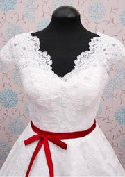 A-line Scalloped Tea-Length Ivory Lace Wedding Dress Red 