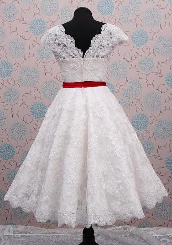 A-line Scalloped Tea-Length Ivory Lace Wedding Dress Red 