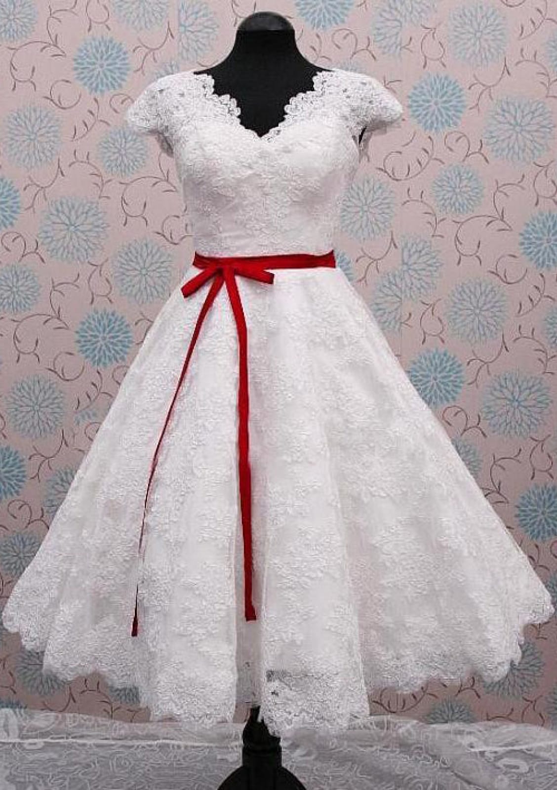 A-line Scalloped Tea-Length Ivory Lace Short Wedding Dress, Red Sash - Princessly A-line Scalloped Tea-Length Ivory Lace Short Wedding Dress, Red Sash - Princessly