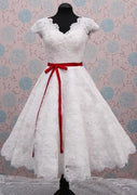 A-line Scalloped Tea-Length Ivory Lace Short Wedding Dress, Red Sash
