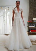 A-Line Scalloped Neck Ivory Lace Tulle Sweep Wedding Dress, Buttons