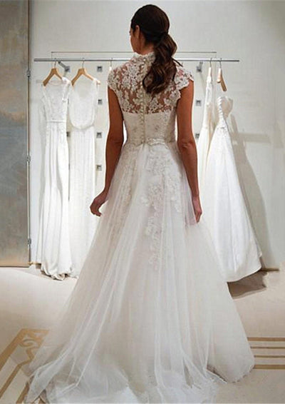 A-Line Scalloped Neck Ivory Lace Tulle Sweep Wedding Dress 