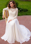 Vestido de noiva evasê com decote recortado manga longa renda chiffon, faixa