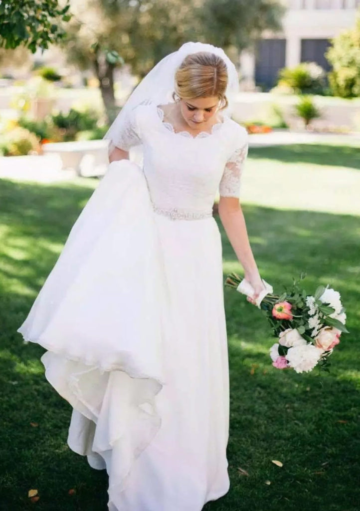 A-Line Scalloped Neck Satin Wedding Dress Beaded Waistband -