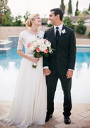 A-Line Scalloped Neck Satin Wedding Dress, Beaded Waistband