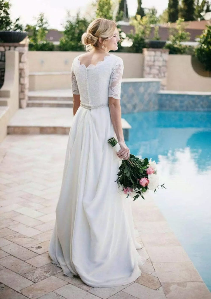 A-Line Scalloped Neck Satin Wedding Dress Beaded Waistband -