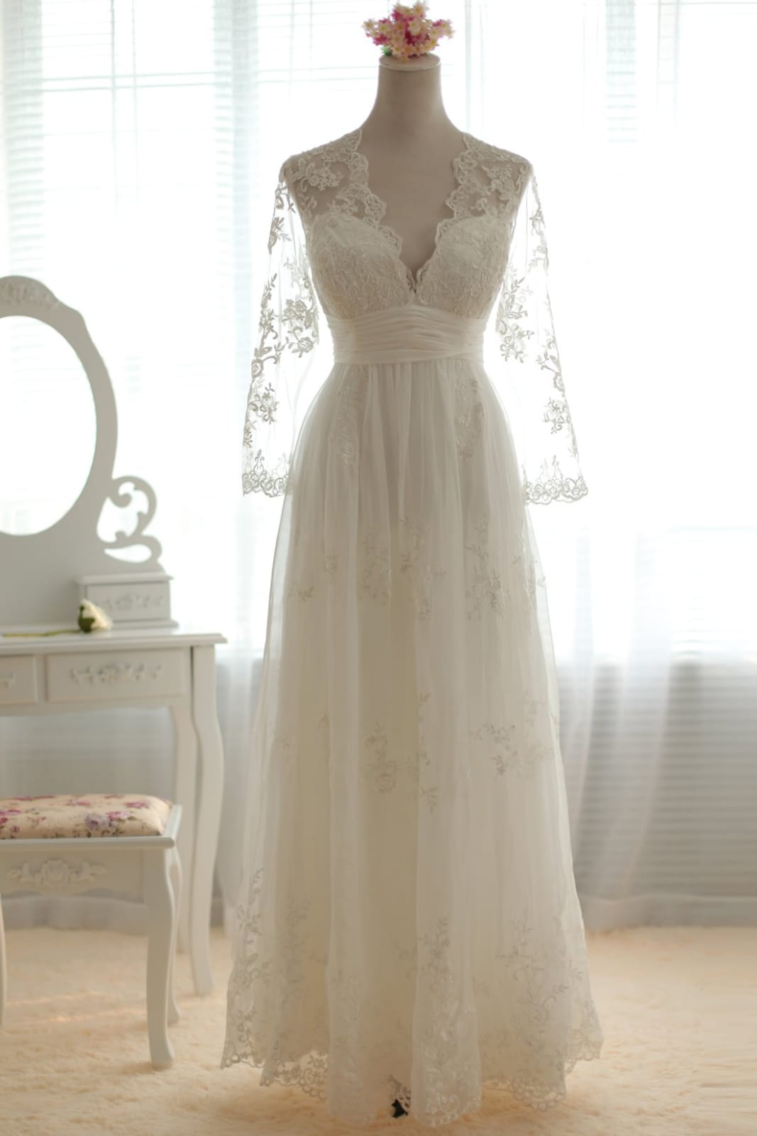 A-line Scalloped V-neck Sheer Long Sleeves Empire Waist Pleated Sweep Lace Wedding Dress 22W