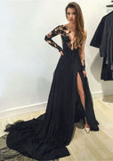 A-line Sheer Long Sleeve Illusion Lace Chapel Black Chiffon Prom Dress, Beaded Split