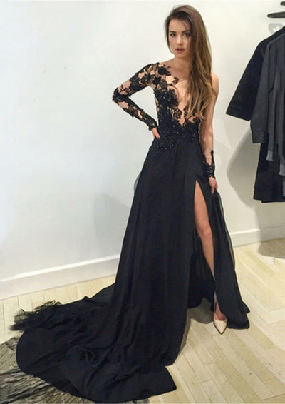 Black V-Neck Lace Long Formal Dress, Black Spaghetti Strap Evening Gown  with Leg Slits