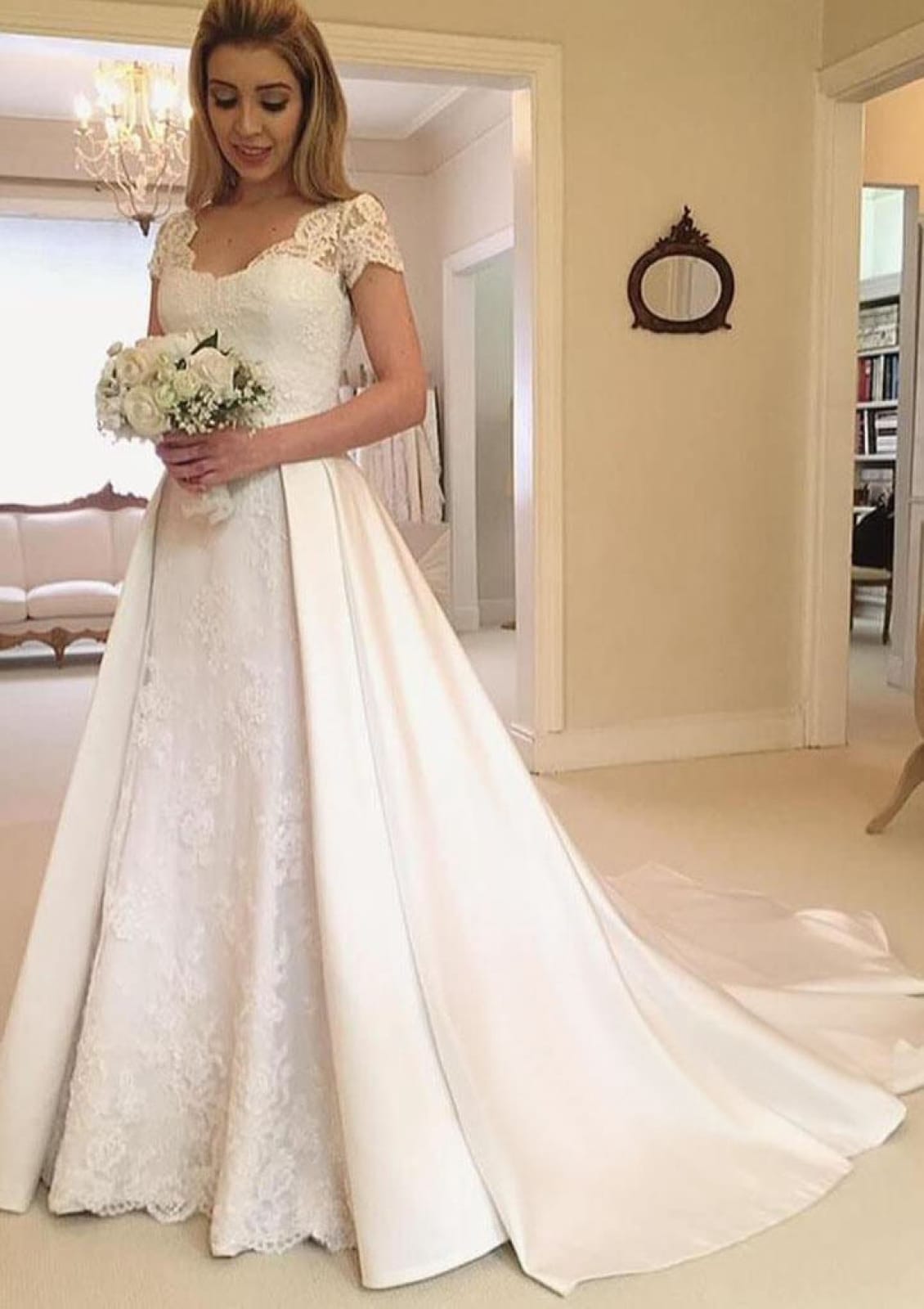 A-line Short Sleeve Overskirt Lace Satin Wedding Dress, Pleats A-line Short Sleeve Overskirt Lace Satin Wedding Dress, Pleats