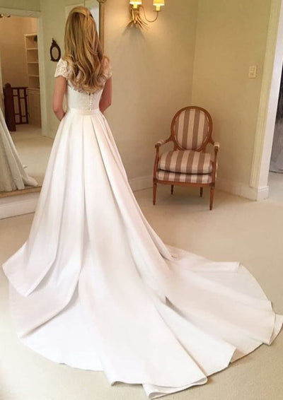 A-line Short Sleeve Overskirt Lace Satin Wedding Dress 