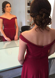 A-line Off Shoulder Boned Bodice Burgundy Charmeuse Evening