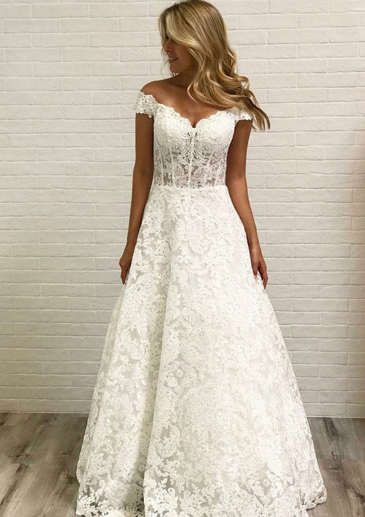 A-line Off Shoulder Corset Floor-Length Lace Wedding Dress A-line Off Shoulder Corset Floor-Length Lace Wedding Dress
