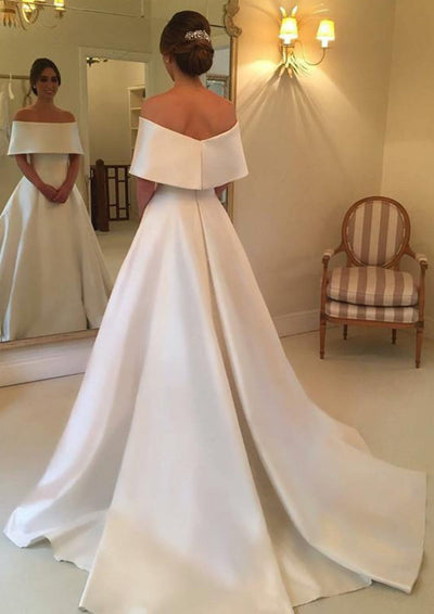 A-line Off Shoulder Court Train Satin Bridal Wedding Dress -