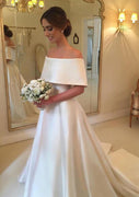 A-line Off Shoulder Court Train Satin Bridal Wedding Dress