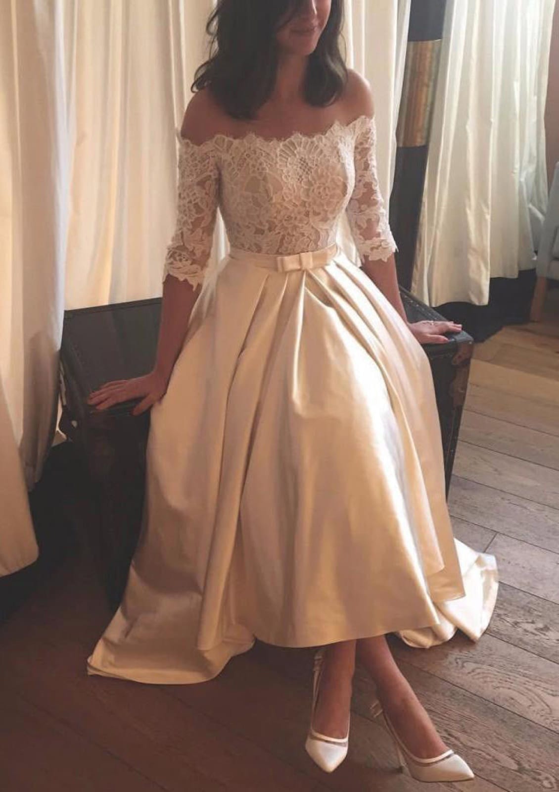 half lace half satin wedding dress Stacees 2026 A-line Bateau Half Sleeve Satin Asymmetrical Wedding Dress with Lace Ruffles