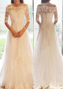 A-line Off Shoulder Half Sleeve Lace Tulle Bridal Wedding Dress, Beaded