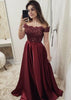 A-line Off Hombro Scalloped Borgoña Charmeuse vestido de baile, Beaded Lace