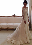 А-силуэт с открытыми плечами и зубчатым рыбьим хвостом, кружевное свадебное платье с длинными рукавами