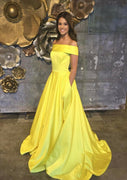 A-line Off Shoulder Straight Neck Sweep Train Yellow Satin Prom Dress
