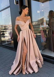 A-line Off-the-Shoulder Long/Floor-Length Satin Prom Dress