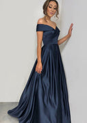 A-line Off Shoulder Surplice Sweep Charmeuse Navy Blue Prom Dress