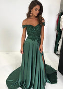 A-line Off Shoulder Sweetheart Court Emerald Green Lace Charmeuse Prom Dress, Split