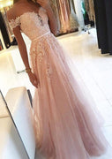 A-Line Off Shoulder Sweetheart Tulle Wedding Party Prom Dress, Lace